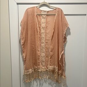 Boho Peach Poncho with Fringe